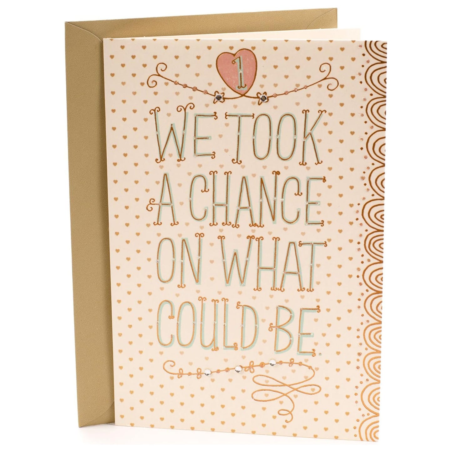 Hallmark 1st Anniversary Card (Chance on What Could Be), 5 x 7.2 inches, featuring handwritten style and pink heart design with gold accent.