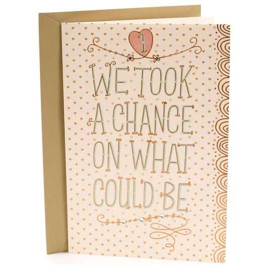 Hallmark 1st Anniversary Card (Chance on What Could Be), 5 x 7.2 inches, featuring handwritten style and pink heart design with gold accent.