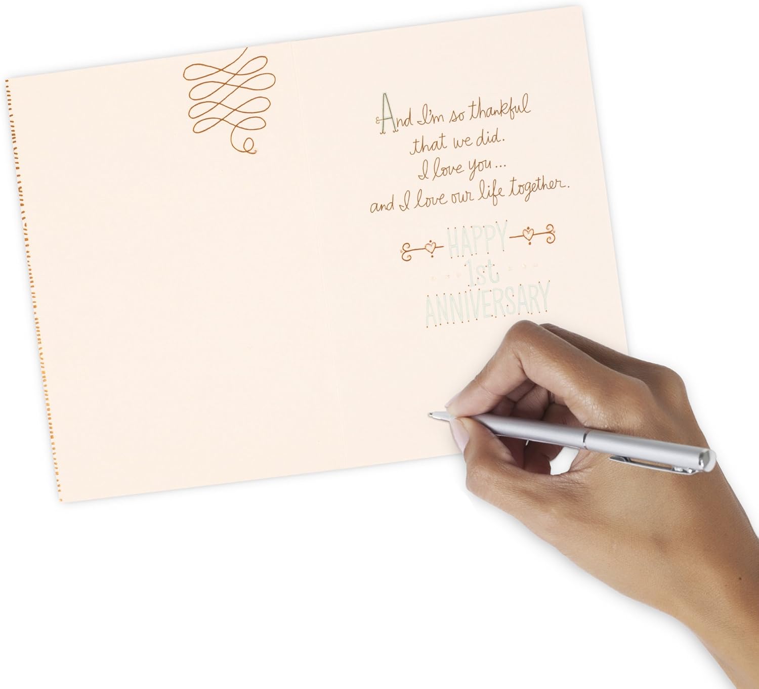 Hallmark 1st Anniversary Card (Chance on What Could Be) open view, featuring heartfelt message in gold lettering and hand writing.