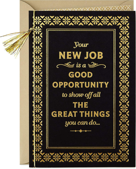 Hallmark Congratulations New Job Card (Great Things) with gold foil lettering and geometric border, featuring a decorative gold tassel.