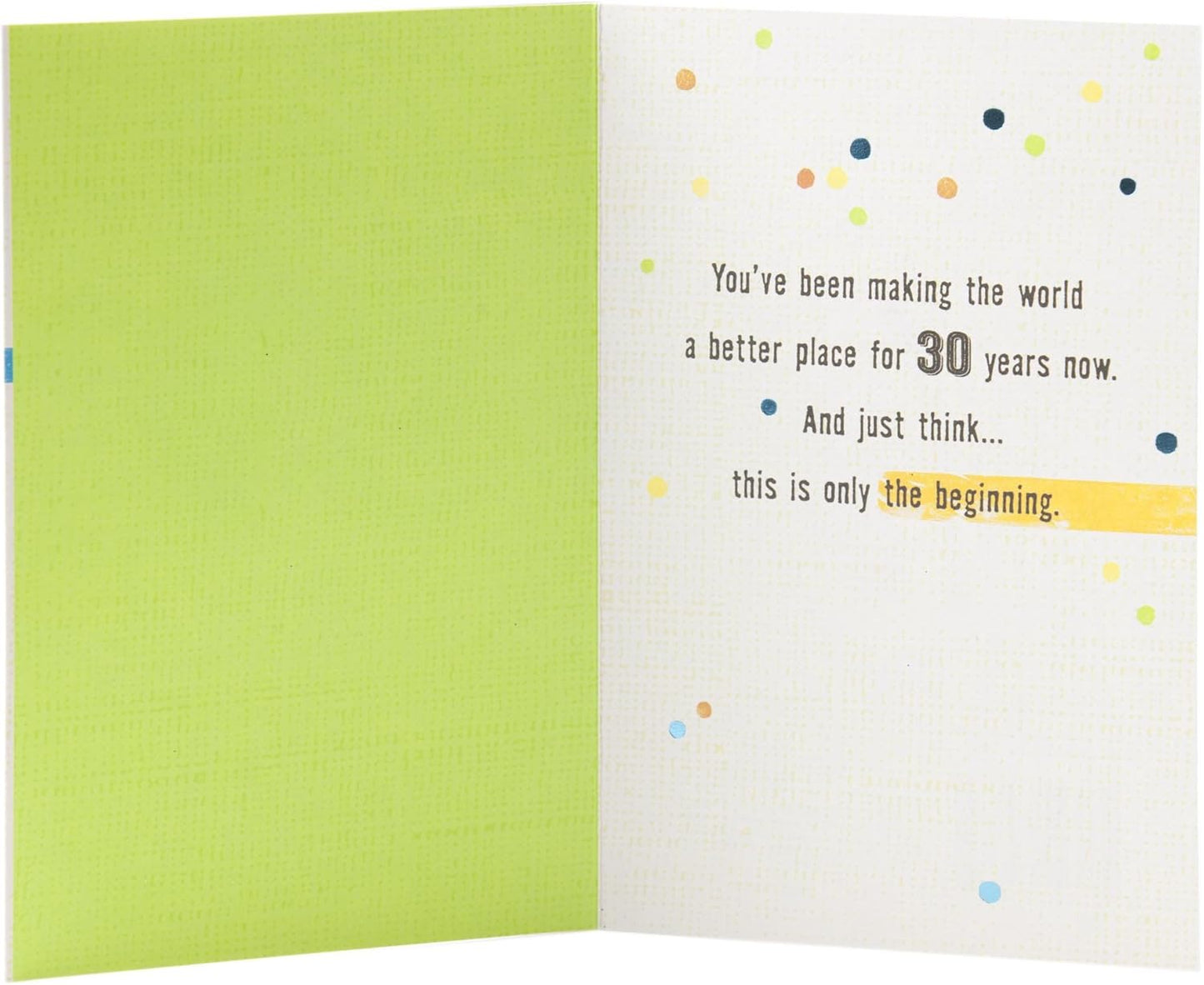 Hallmark 30th Birthday Greeting Card (Stripes and Dots) featuring inside message on a colourful background, open view.