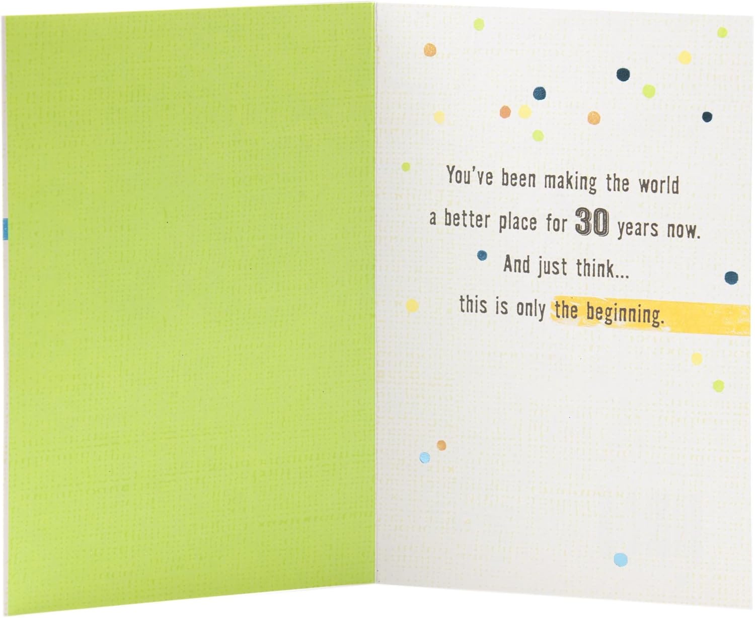 Hallmark 30th Birthday Greeting Card (Stripes and Dots) featuring inside message on a colourful background, open view.