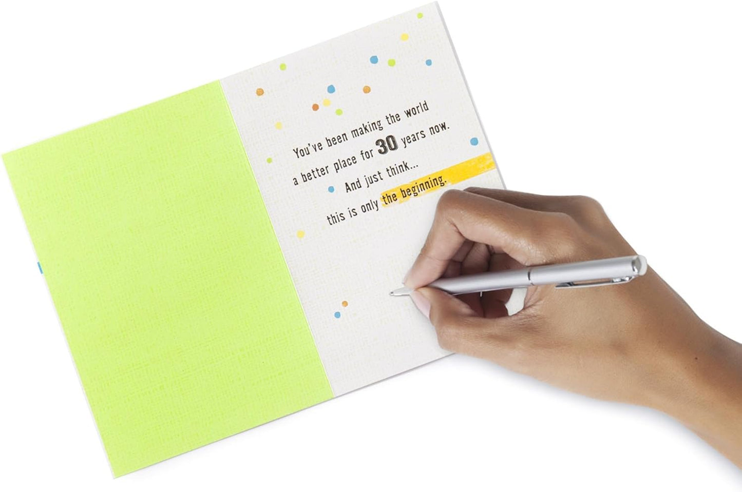 Hallmark 30th Birthday Greeting Card (Stripes and Dots) shown open with handwritten message inside, featuring colourful dots and bright green accents, 5 x 7.2 inches.