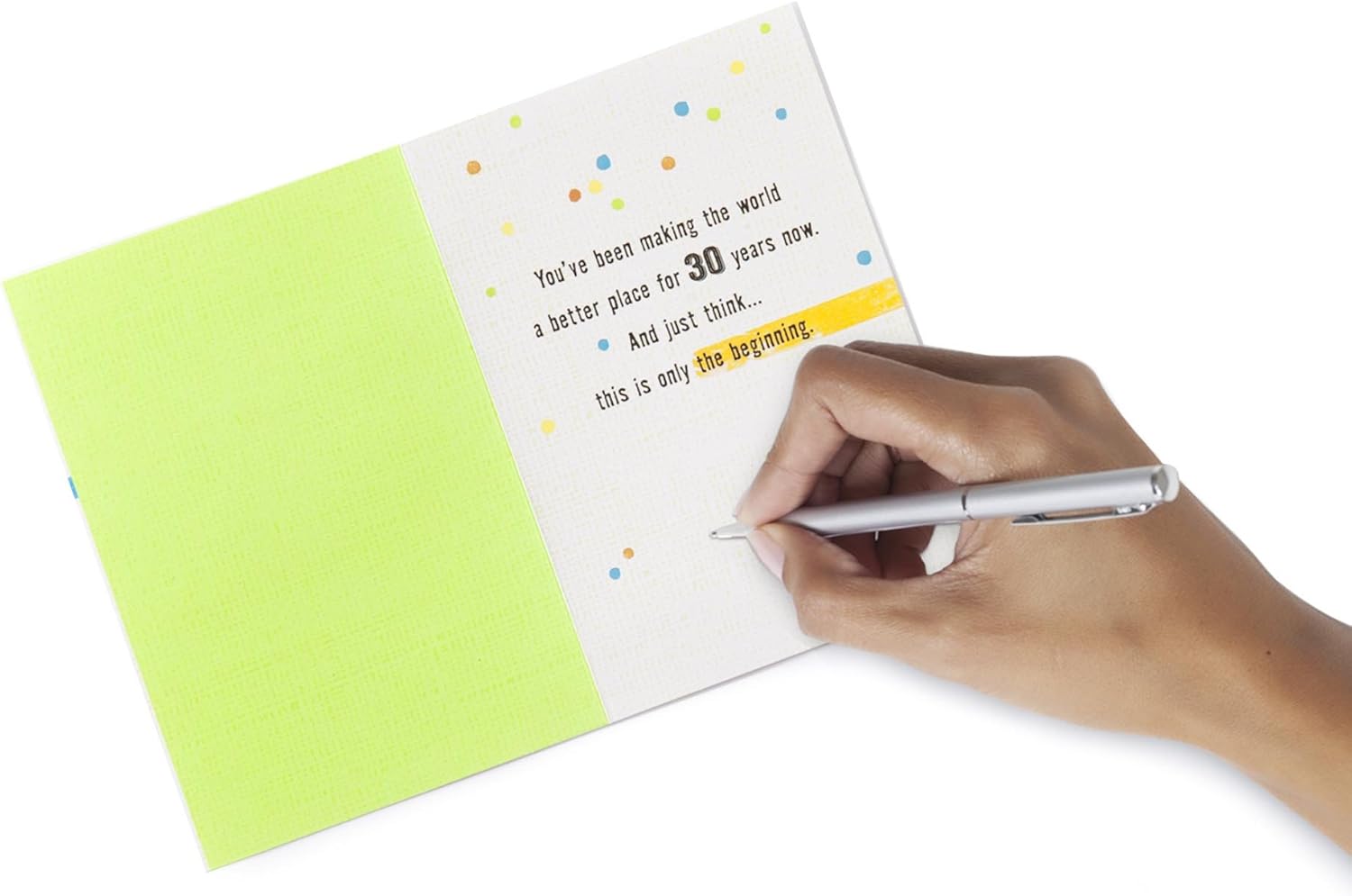 Hallmark 30th Birthday Greeting Card (Stripes and Dots) shown open with handwritten message inside, featuring colourful dots and bright green accents, 5 x 7.2 inches.