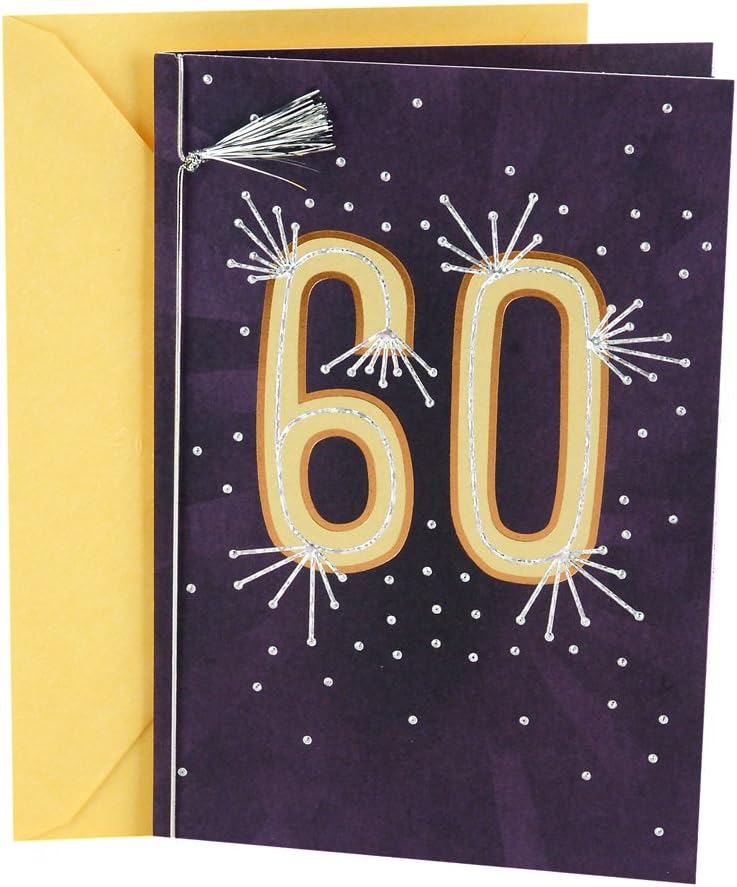 Hallmark 60th Birthday Greeting Card (Rays with Tassel) featuring a vibrant purple design and sparkly foil detailing with tassel.