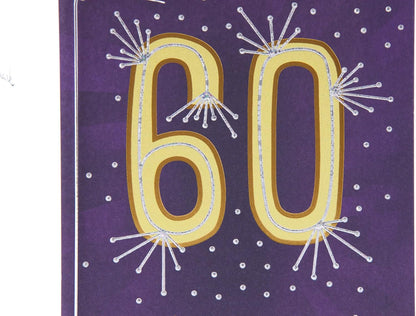 Hallmark 60th Birthday Greeting Card (Rays with Tassel) featuring large golden '60' numbers surrounded by festive sparkles on a purple background.