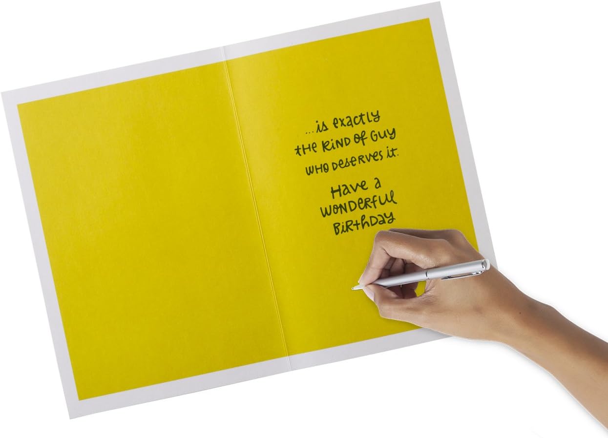 Hallmark Birthday Greeting Card for Him (Extra Attention) open view, yellow interior with handwritten message, A5 size
