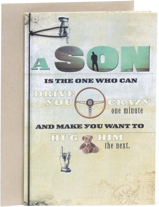 Hallmark Birthday Greeting Card for Son (Son Icons) featuring playful front message and whimsical design elements in soft colours.