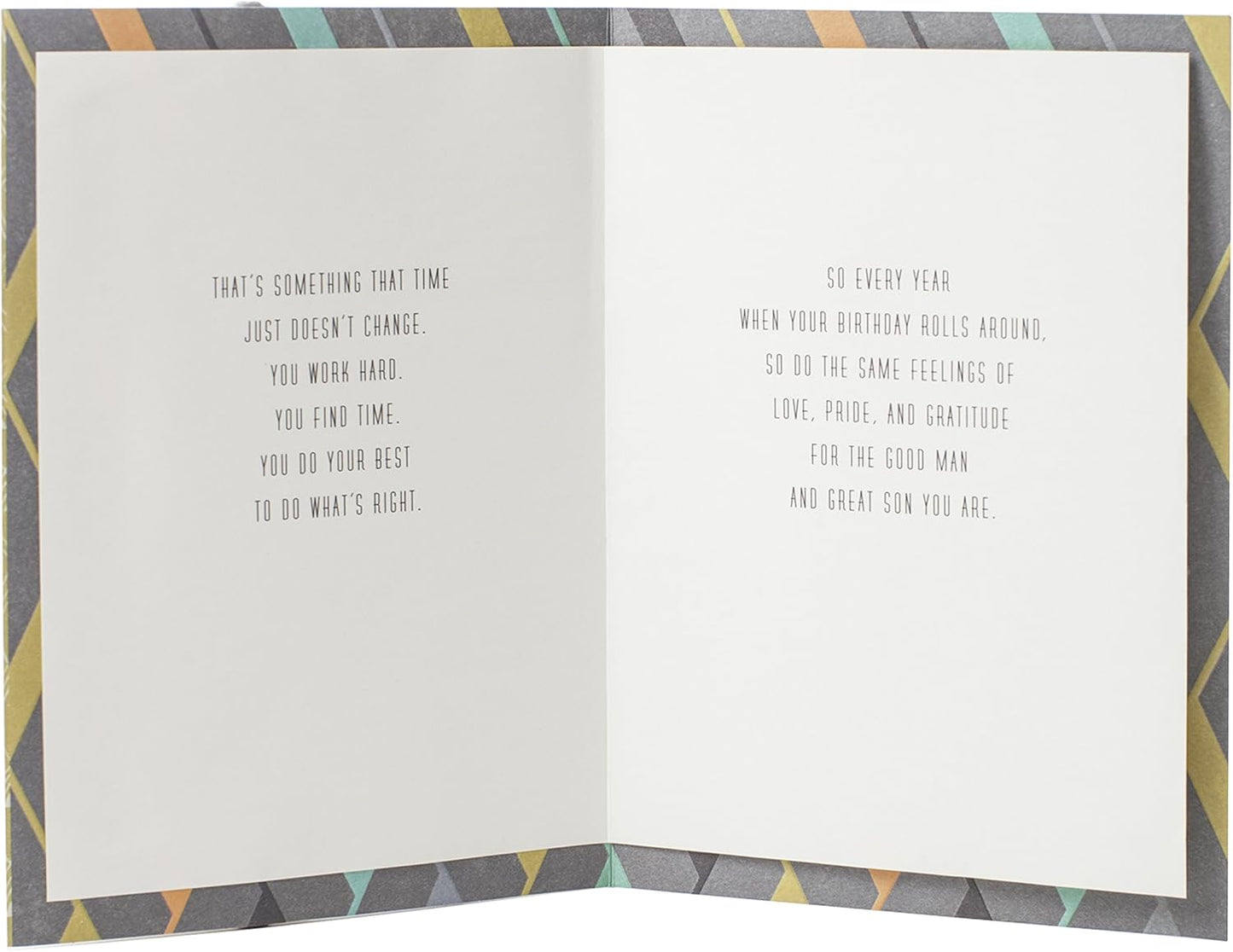 Hallmark Birthday Greeting Card to Son (Good Man, Great Son) with interior message on high quality paper stock, open view.