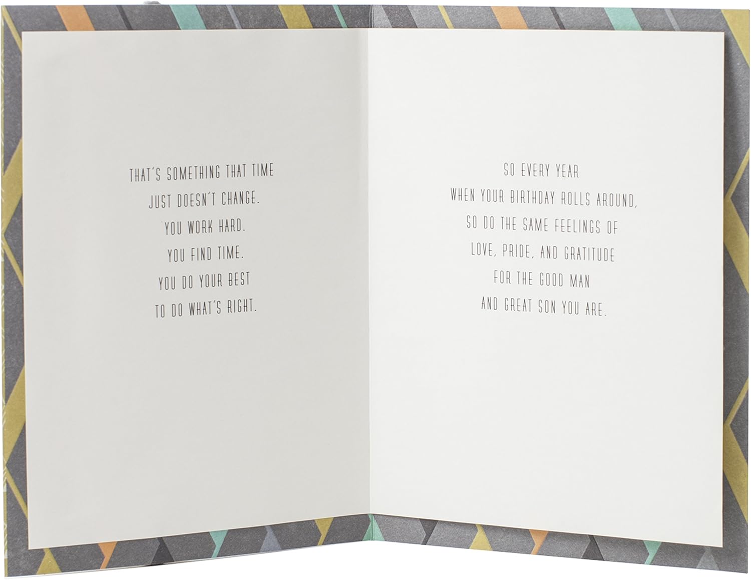 Hallmark Birthday Greeting Card to Son (Good Man, Great Son) with interior message on high quality paper stock, open view.