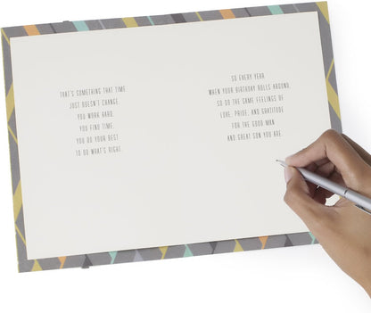 Hallmark Birthday Greeting Card to Son (Good Man, Great Son) showing interior messages, with handwritten note, angled view.