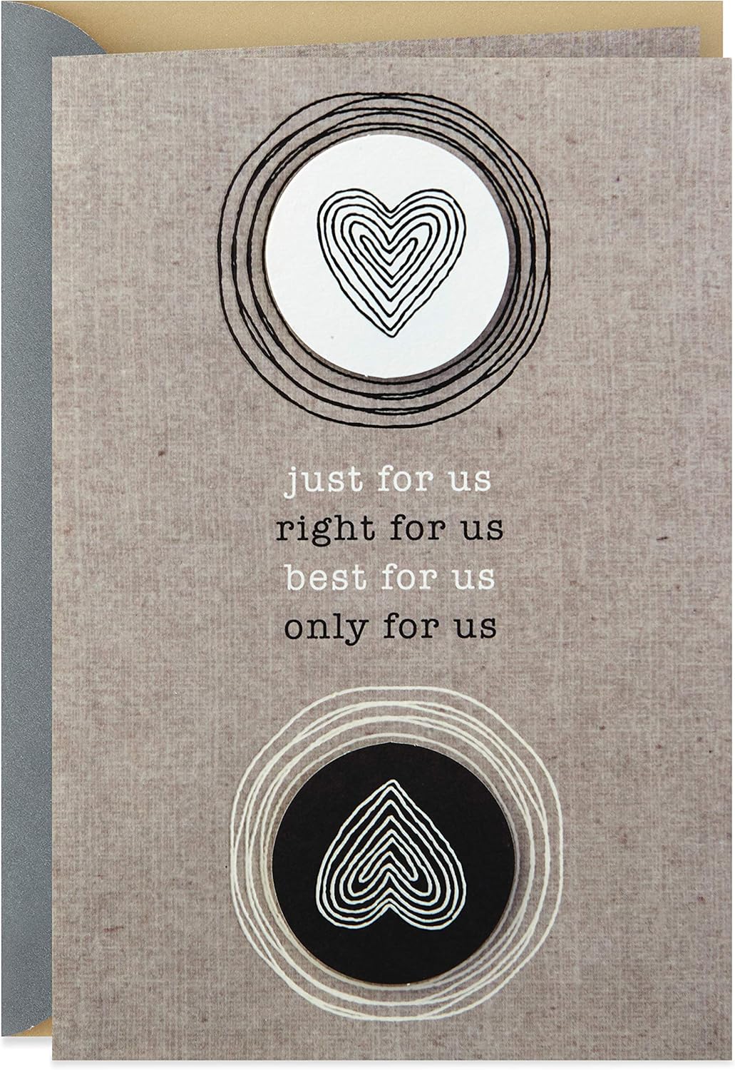 Hallmark Anniversary Greeting Card (Two Hearts) featuring heart designs and message on textured brown paper with cream accents