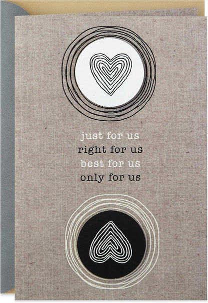 Hallmark Anniversary Greeting Card (Two Hearts) featuring heart designs and message on textured brown paper with cream accents