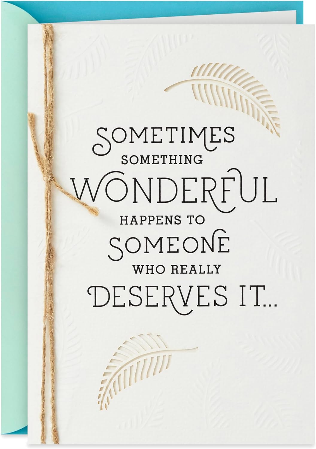 Hallmark Congratulations Greeting Card (Fern Pattern) featuring embossed fern design and twine detail, close up of front message.