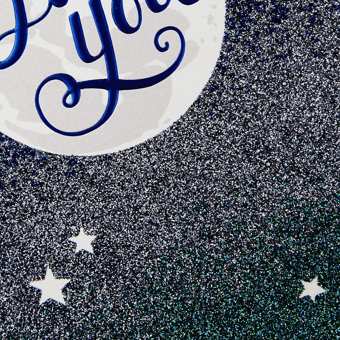 Hallmark Love Card, Love You to The Moon with glittery ombré design featuring navy lettering and a starry sky background.