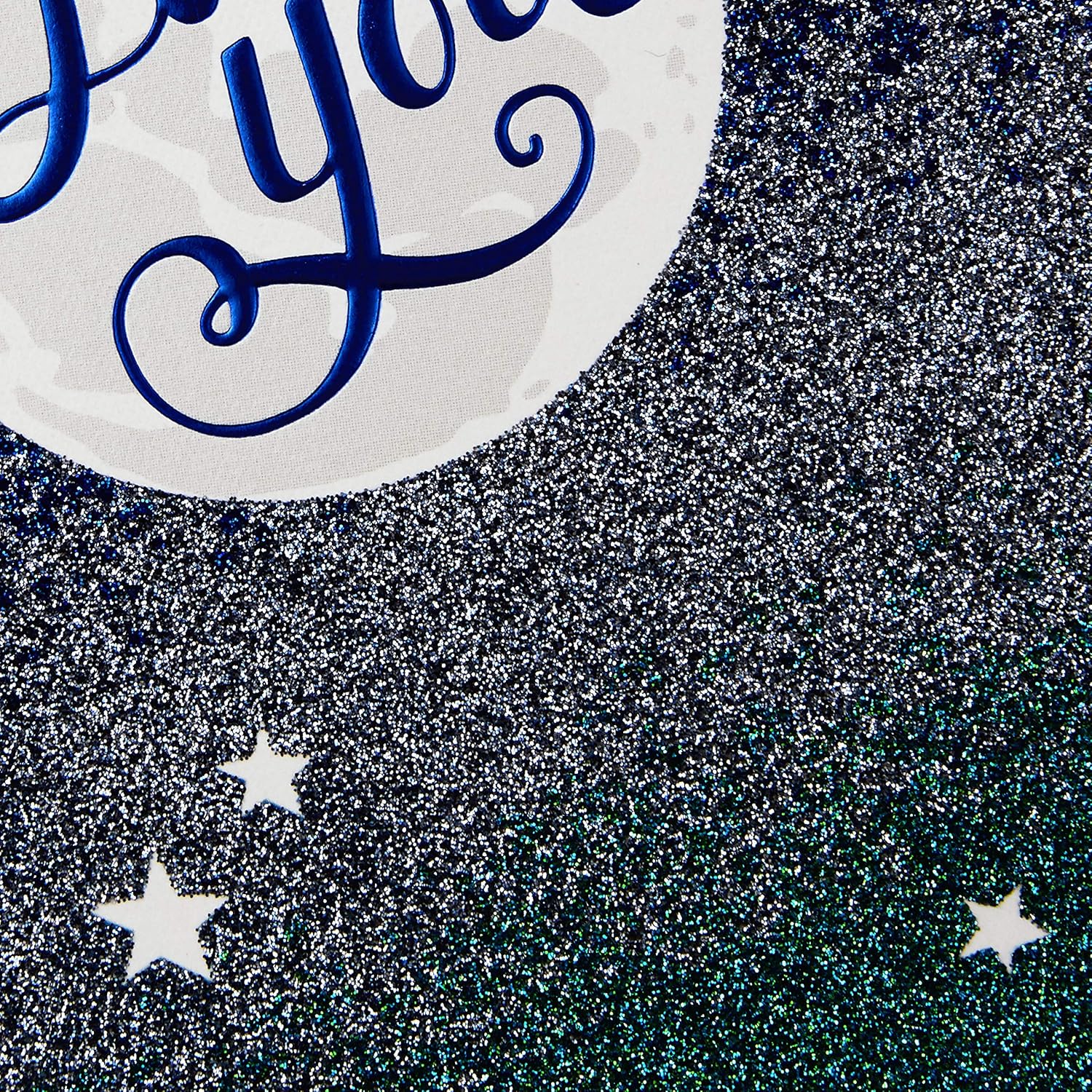 Hallmark Love Card, Love You to The Moon with glittery ombré design featuring navy lettering and a starry sky background.