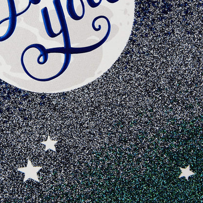 Hallmark Love Card, Love You to The Moon with glittery ombré design featuring navy lettering and a starry sky background.