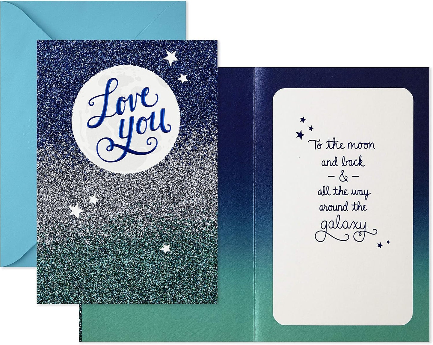 Hallmark Love Card, Love You to The Moon (Anniversary Card or Birthday Card), glittery cover showcasing blue ombré design and inside sentiment.