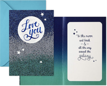 Hallmark Love Card, Love You to The Moon (Anniversary Card or Birthday Card), glittery cover showcasing blue ombré design and inside sentiment.