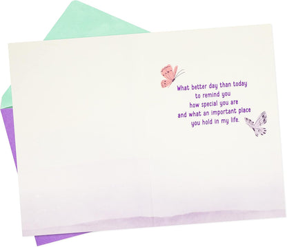 Hallmark Birthday Card for Sister (Life is a Gift) with heartfelt message, featuring pastel butterflies and ombre design on the inside.