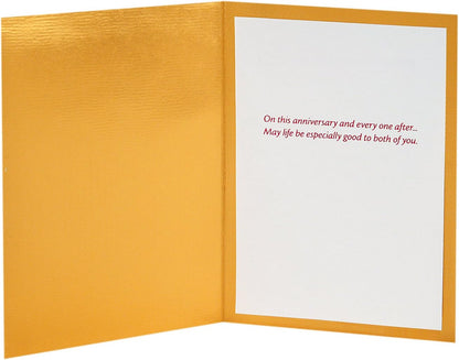 Hallmark Signature Anniversary Card for Couple (Happy Anniversary) featuring gold foil interior with heartfelt message written in red.