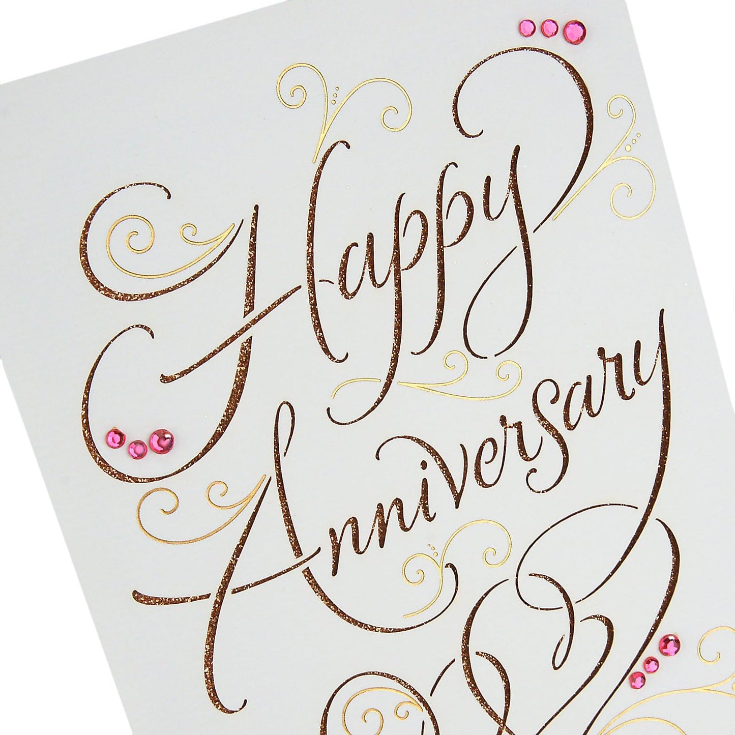 Hallmark Signature Anniversary Card for Couple (Happy Anniversary) with gold foil and pink gemstone accents, close-up on glittery lettering