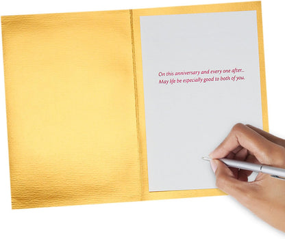 Hallmark Signature Anniversary Card for Couple (Happy Anniversary) inside view showing gold foil finish and handwritten message.