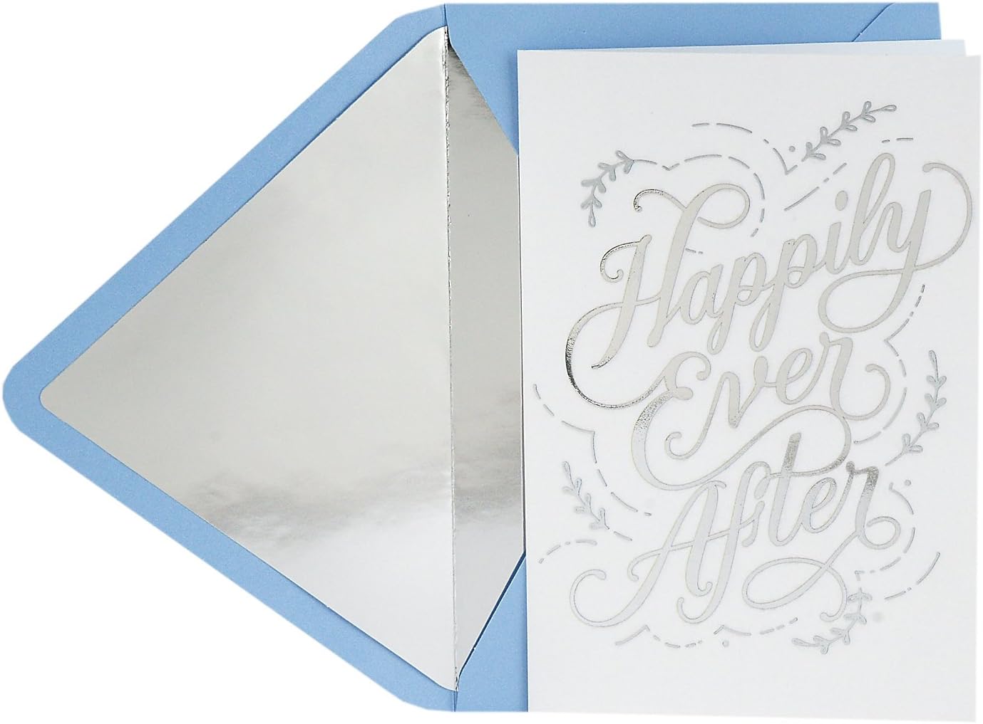 Hallmark Signature Wedding Card (Happily Ever After) featuring elegant silver foil lettering on a white card with a blue envelope.