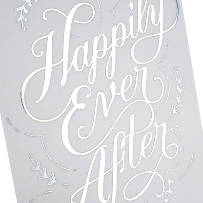 Hallmark Signature Wedding Card (Happily Ever After) features elegant silver foil lettering on a textured grey background.