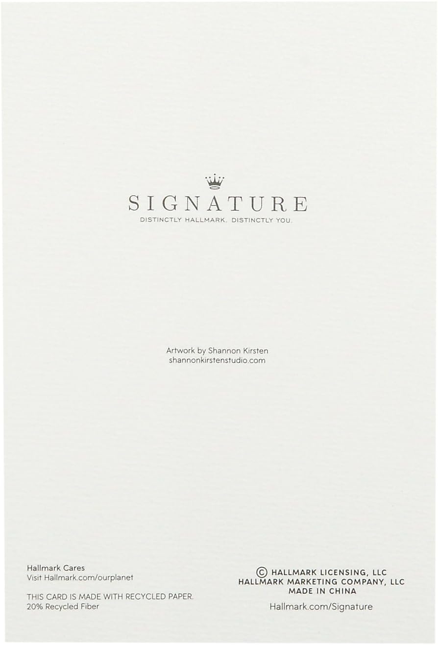 Hallmark Signature Wedding Card (Happily Ever After) back design featuring elegant branding, recycled paper, and artwork credit.