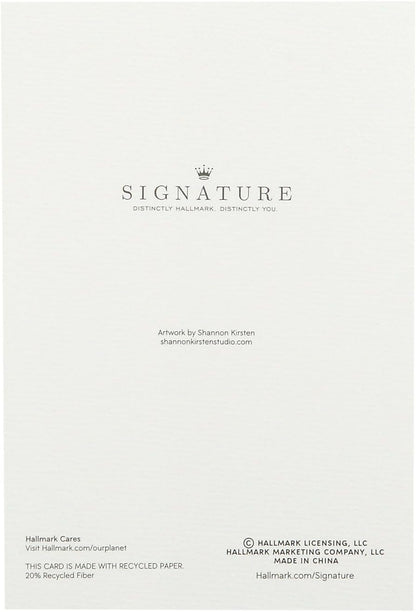 Hallmark Signature Wedding Card (Happily Ever After) back design featuring elegant branding, recycled paper, and artwork credit.