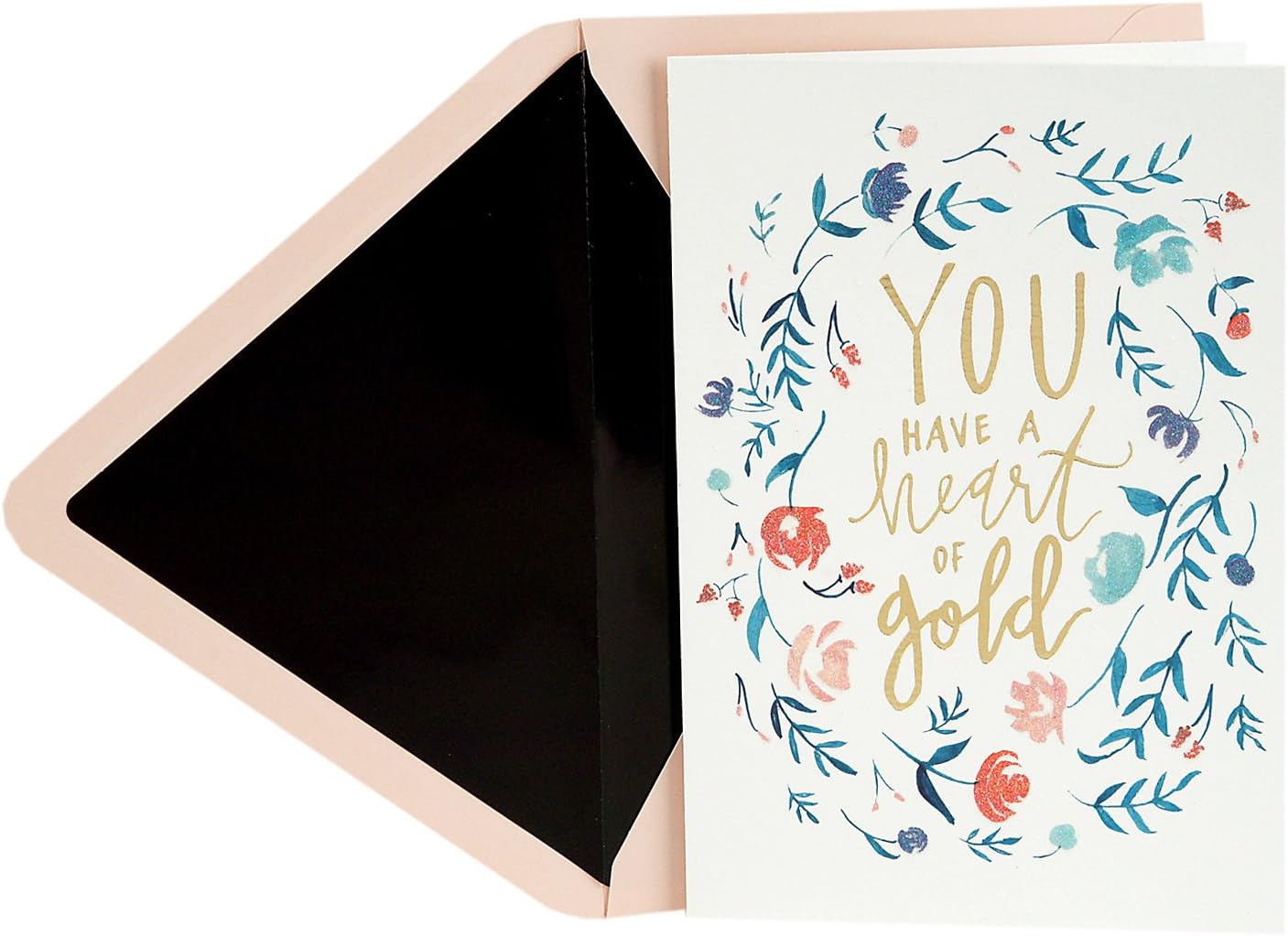 Hallmark Signature Thank You Greeting Card (Heart of Gold Floral Wreath) featuring floral design, gold foil text, and an open envelope.