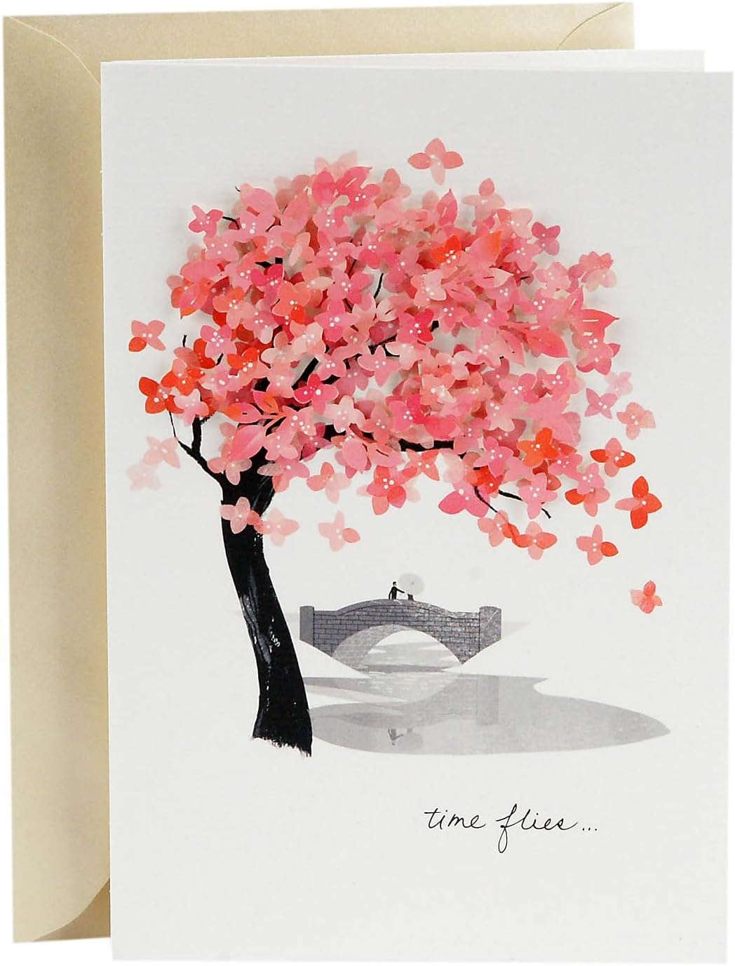 Hallmark Signature Love Card, Time Flies, romantic anniversary card featuring a couple on a bridge under a pink blossom tree.
