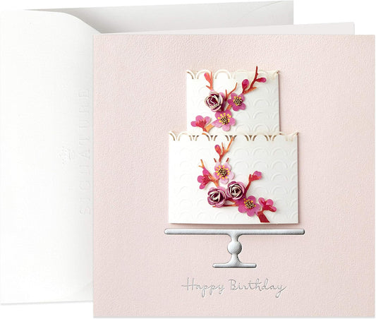 Hallmark Signature Birthday Card for Her (Cake) featuring an elegant cake design with dimensional paper flowers on a pastel background