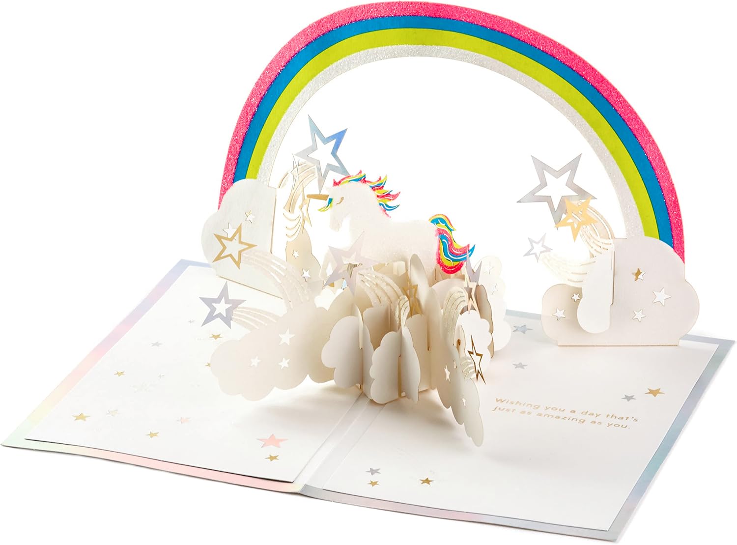 Hallmark Signature Paper Wonder Pop Up Birthday Card (Unicorn, You are Magical) open view showcasing a vibrant rainbow and pop-up unicorn.