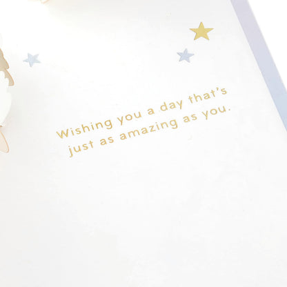 Hallmark Signature Paper Wonder Pop Up Birthday Card (Unicorn, You are Magical) interior design showing gold lettering and stars.