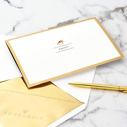 Hallmark Signature Paper Wonder Pop Up Birthday Card (Sushi, Everything That Makes You Happy) featuring a gold foil border and 'enjoy' lettering on a marble surface.