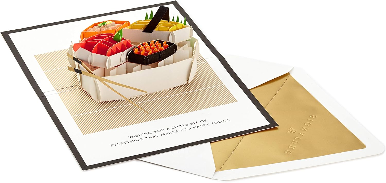 Hallmark Signature Paper Wonder Pop Up Birthday Card (Sushi, Everything That Makes You Happy) showing an intricate sushi pop-up design with gold foil envelope.