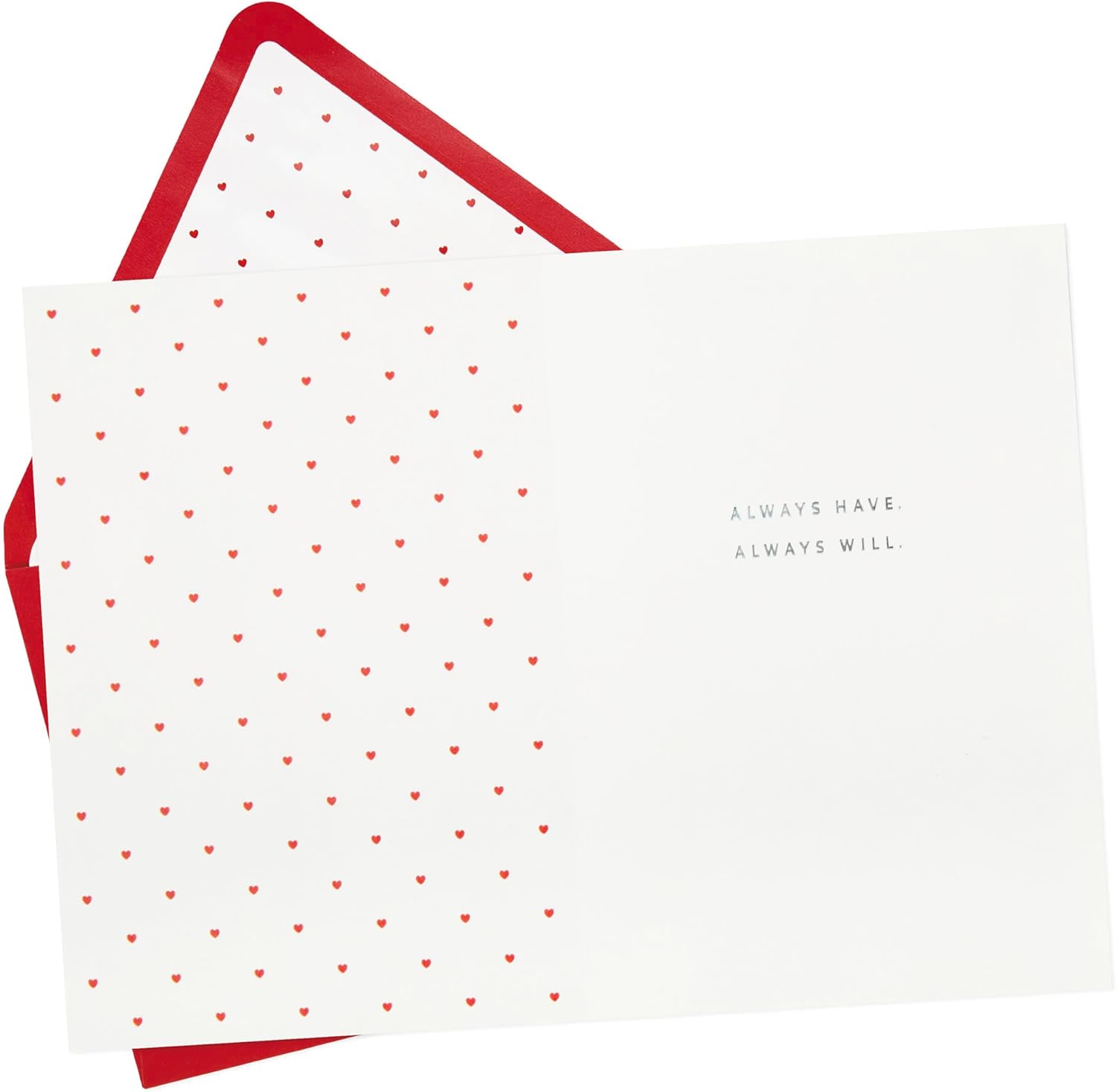 Hallmark Signature Love Card, Anniversary Card, interior view with red hearts pattern and heartfelt message inside.