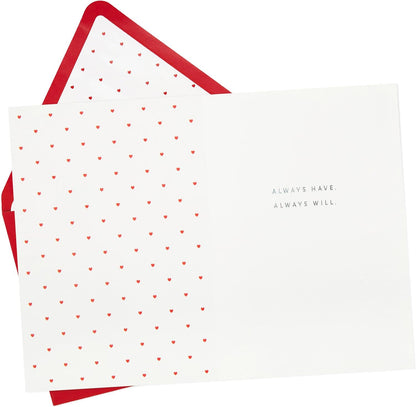 Hallmark Signature Love Card, Anniversary Card, interior view with red hearts pattern and heartfelt message inside.