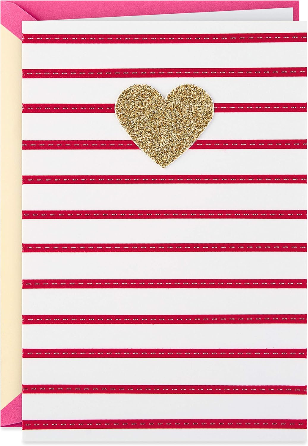 Hallmark Signature Women's Birthday Greeting Card (Heart and Stripes) with gold glitter heart and pink stripes, close up on front design