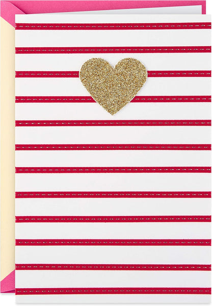 Hallmark Signature Women's Birthday Greeting Card (Heart and Stripes) with gold glitter heart and pink stripes, close up on front design