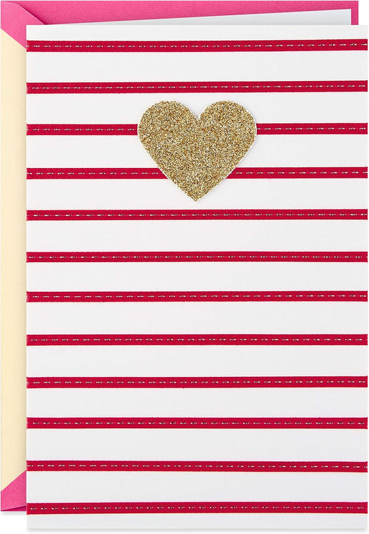 Hallmark Signature Women's Birthday Greeting Card (Heart and Stripes) with gold glitter heart and pink stripes, close up on front design