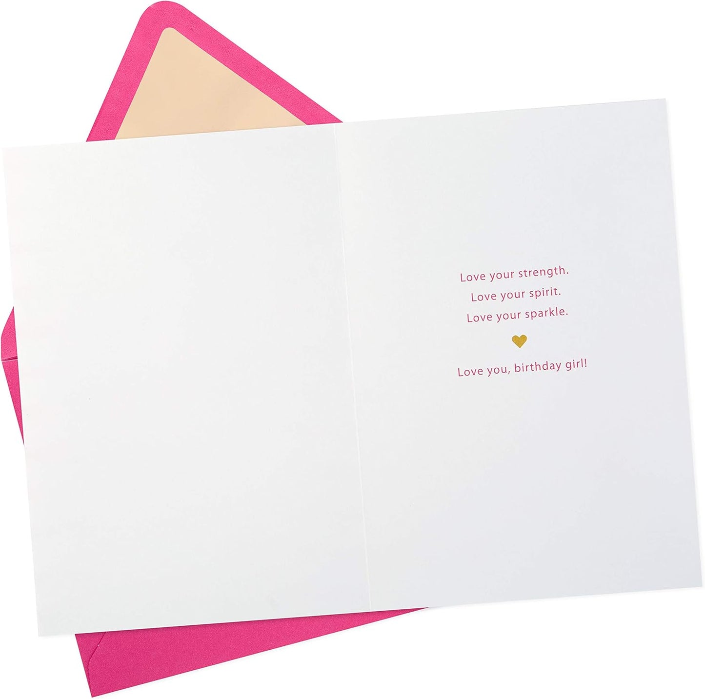 Hallmark Signature Women's Birthday Greeting Card (Heart and Stripes) opened to reveal heartfelt message in pink font, with pink envelope.