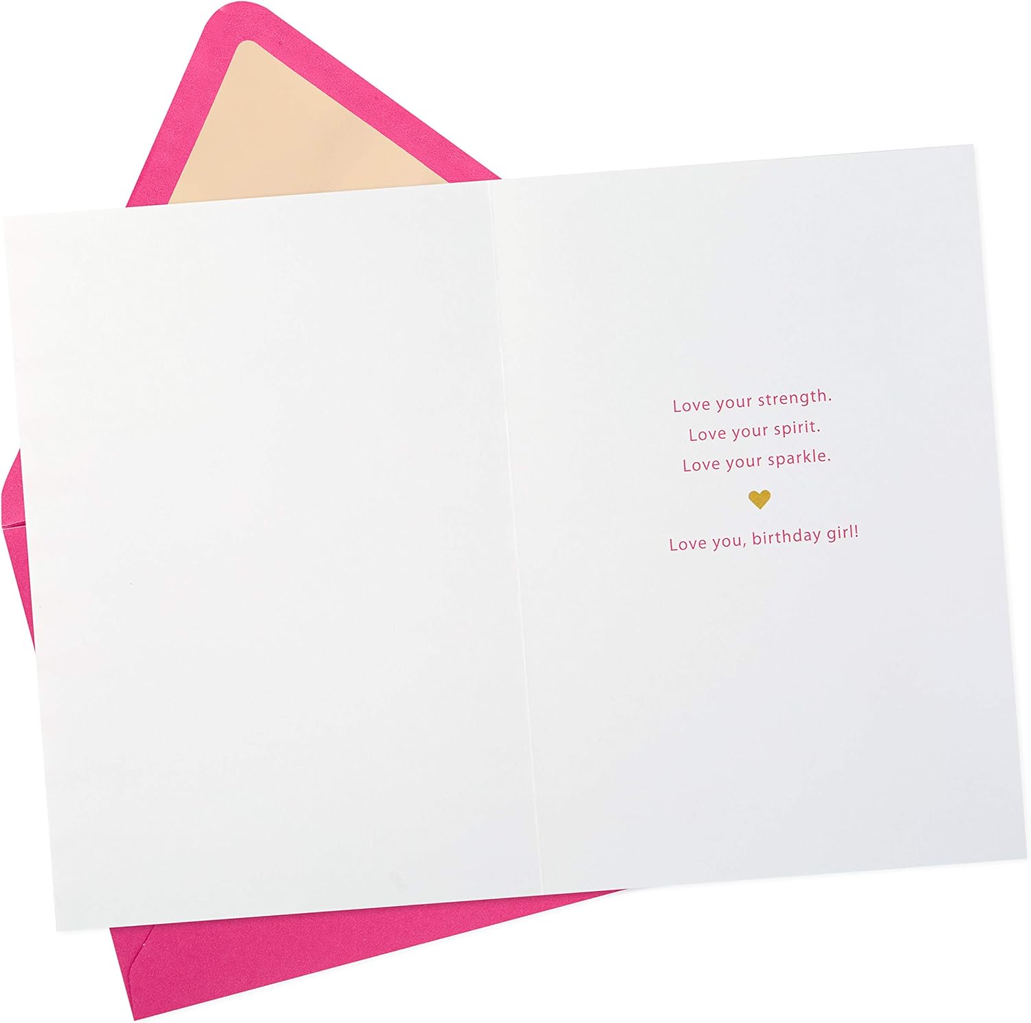 Hallmark Signature Women's Birthday Greeting Card (Heart and Stripes) opened to reveal heartfelt message in pink font, with pink envelope.
