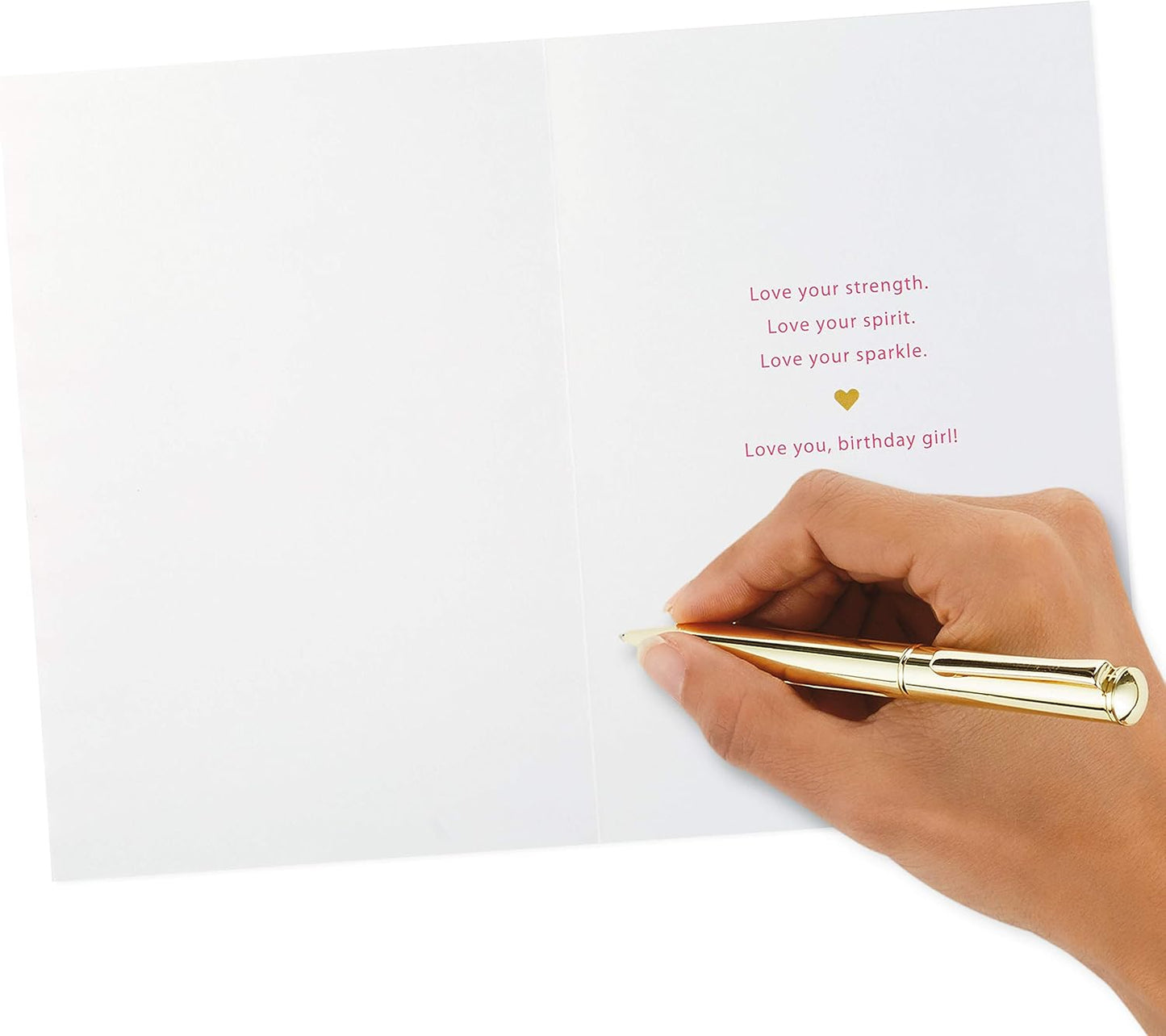 Hallmark Signature Women's Birthday Greeting Card (Heart and Stripes) open with heartfelt message and golden pen, flat lay