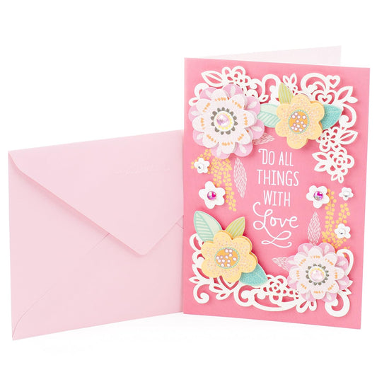 Hallmark Signature Birthday Greeting Card (Scattered Flowers) with pink envelope, featuring floral design and ornate paper-craft detail.