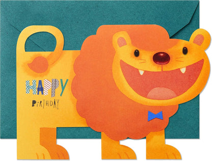 Hallmark Pop Up Birthday Card (3D Honeycomb Lion) featuring a cheerful lion design with a bow tie on a vibrant envelope background.