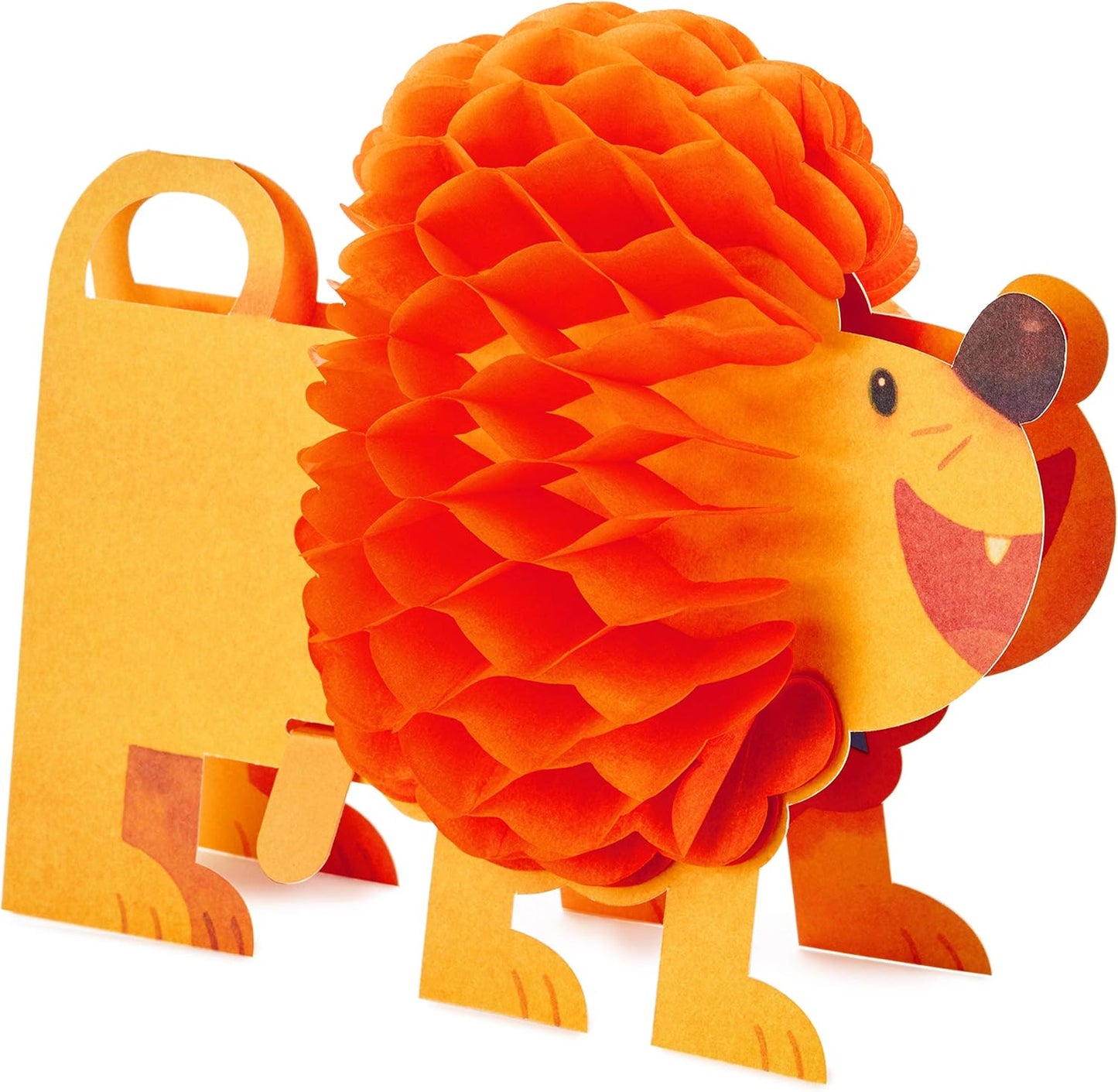 Hallmark Pop Up Birthday Card (3D Honeycomb Lion) featuring an orange lion with a fluffy honeycomb mane, shown in a cheerful pop-up display.