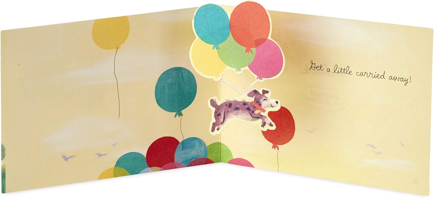 Hallmark Paper Wonder Pop Up Birthday Card (Get Carried Away) featuring a dog flying with colourful balloons in 3D design.